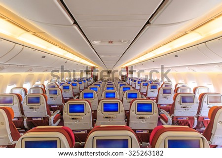 Interior of the passenger airplane, an empty passenger airliner