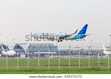 BANGKOK THAILAND - November 15, 2015 - Garuda Indonesia plane landing to runways at Suvarnabhumi International air port on November 15, 2015 in Bangkok, Thailand.