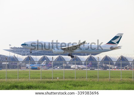 BANGKOK THAILAND - November 15, 2015 - Cathay Pacific plane landing to runways at Suvarnabhumi International air port on November 15, 2015 in Bangkok, Thailand.