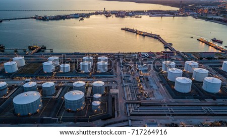 Aerial view oil terminal is industrial facility for storage of oil and petrochemical products ready for transport to further storage facilities