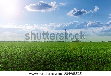 Beautiful view of the windmills on the field: renewable energy sources