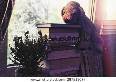 Vintage background for children. Childhood memory: Teddy dog sitting on books. Books stacked on the windowsill