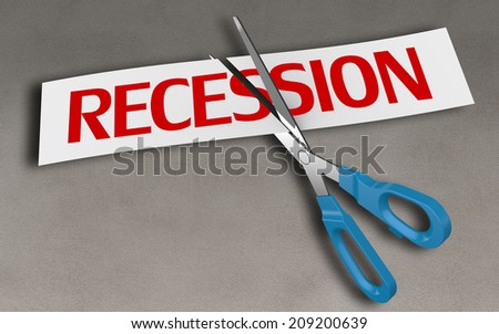 Scissors cutting paper with text recession