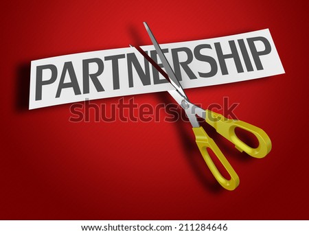 Scissors cutting paper with text partnership