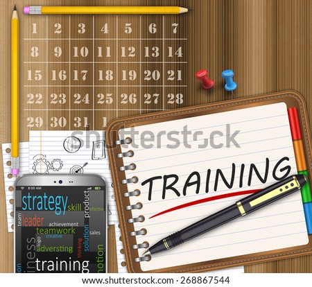Notepad, office desk, training management concept