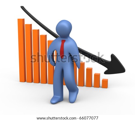 Businessman in the background of a declining graph. Isolated white background.