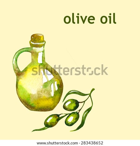 Watercolor olive oil bottle isolated on yellow background. You can use it like design template for you beauty product. It can be used for card, menu, recipe.