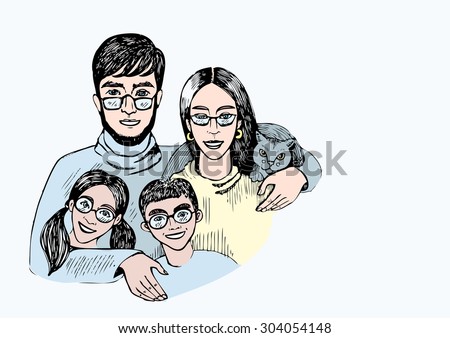 Smiling family four peoples in glasses. Young family woman, husband, son, daughter and cat. Hand drawing vector black and white  illustration space for text.