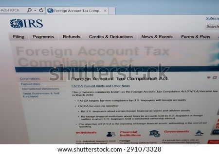 SARANSK, RUSSIA - JUNE 27 2015: The official website of the Internal Revenue Service(IRS), page Foreign Account Tax Compliance Act, on 27 June 2015.