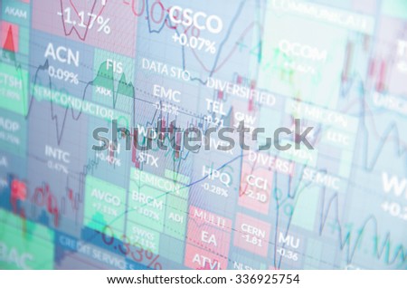 Close-up computer monitor with trading software. Multiple exposure photography.