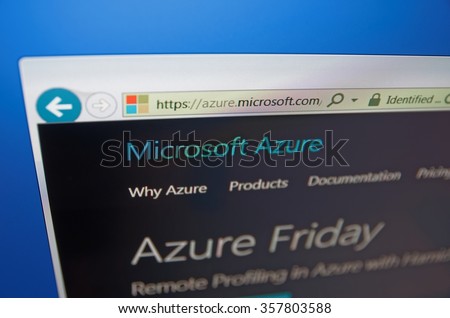 Saransk, Russia - January 03, 2016: A computer screen shows details of Microsoft Azure main page on its web site in Saransk, Russia, on January 03, 2016. Selective focus.