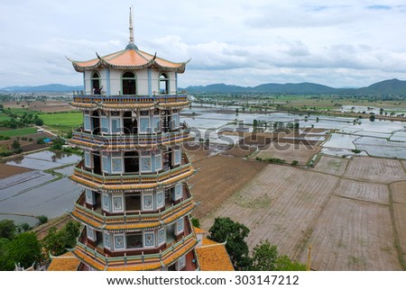 KANCHANABURI THAILAND - JULY 31, 2015: Chinese pavilion of Wat Tham Khao Noi., Travel guide of Kanchanaburi.