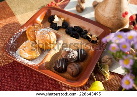 Beautiful autumn still life picnic composition with prunes, chocolate candies, nuts and profiteroles with flowers on foreground outdoors