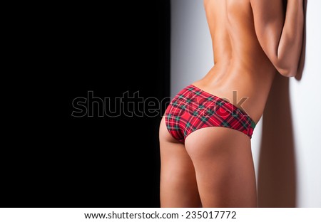 Sexy fit woman standing by the wall back to camera in studio wearing plaid panties with black copy space