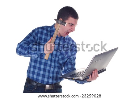 young white man beating laptop with hammer isolated
