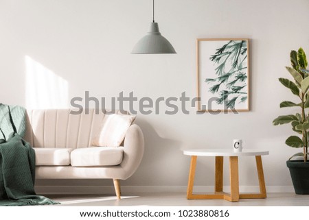 Simple poster hanging on the wall in bright living room interior with sofa and wooden table with tea mug