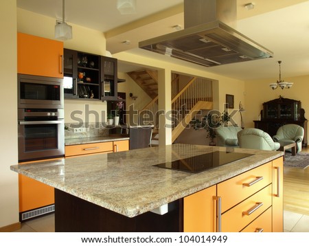 Interior of modern house: kitchen and dining room