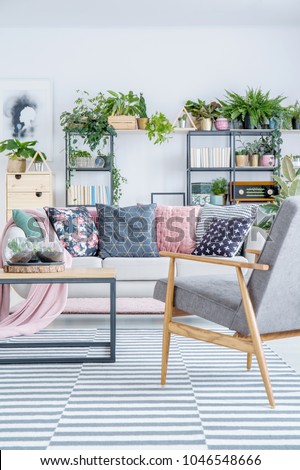 Grey wooden armchair on striped rug next to sofa with patterned colorful pillows in living room interior with plants