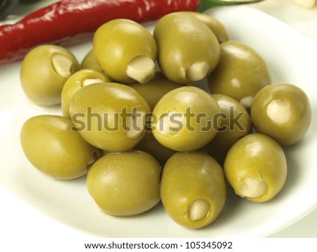 Closeup of green olives stuffed with garlic cloves
