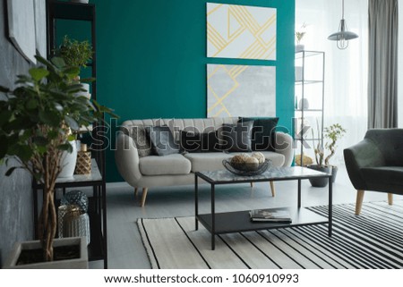 Table on striped carpet in spacious living room interior with sofa against green wall with posters