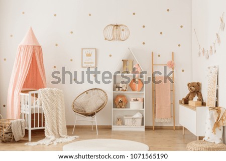 Plush bear on white cupboard in scandi child\'s bedroom interior with crib under canopy