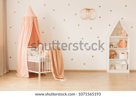 Gold lamp in spacious baby\'s bedroom interior with canopied pink crib against wallpaper