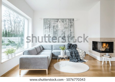White sitting room interior with grey corner sofa, tulips in vase placed on an end table, fireplace and modern art painting
