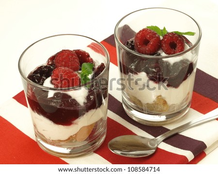 Glass with pudding, marmalade and raspberry fruits