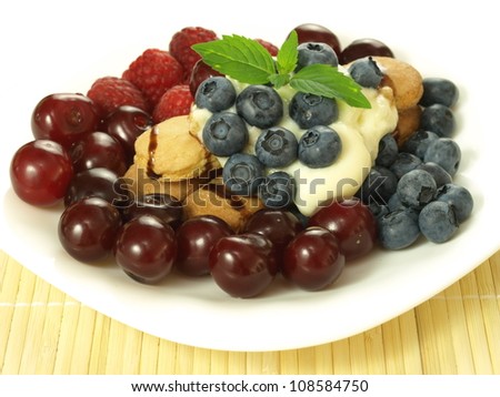 Summer fruits with biscuits, pudding and chocolate topping