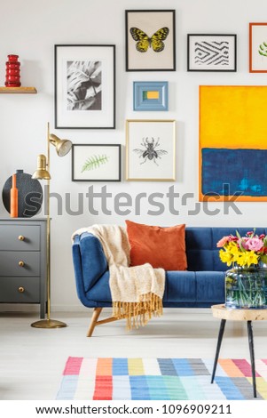 Blanket and pillow placed on navy blue couch standing in white living room interior with many posters and gold lamp