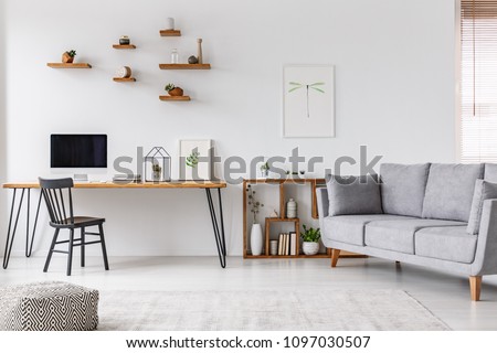 Grey sofa near black chair at desk with computer monitor in open space interior with poster. Real photo