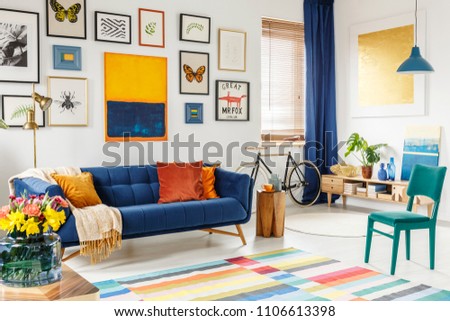 Spacious living room interior with a blanket and orange pillows on a blue sofa, green chair, colorful rug and gallery of posters and painting on white wall. Real photo