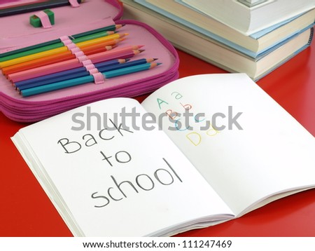 Notebook, pencil case, crayons and heap of books
