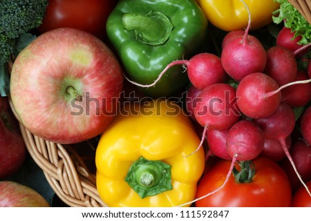 Closeup of colorful vegetables and fruits, bird eye view