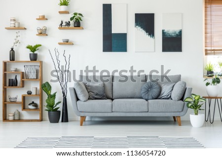 Real photo of an elegant living room interior with a comfy couch, paintings and shelves