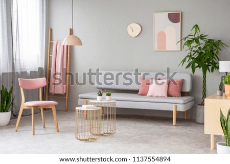 Real photo of lounge with dirty pink pillows, simple poster, pink chair, gold end tables with cacti and window with curtains