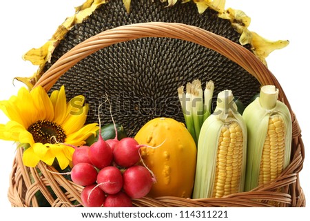 Big sunflower and other fruits and veggies in basket