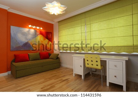 Modern Colorful Room With Orange Wall And Green Blinds