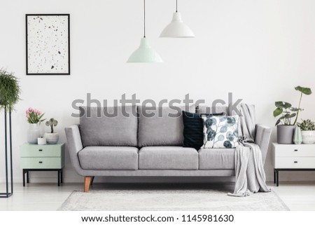 Grey sofa between cabinets with plants in white living room interior with lamps and poster. Real photo