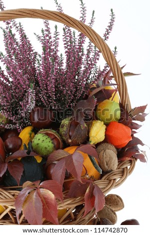 Colorful autumn symbols in wicker basket, closeup