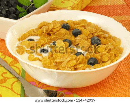 White bowl of milk with cornflakes and blueberries
