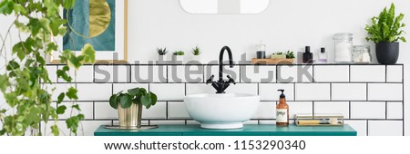 Green cabinet with fresh plant, bottle with soap and white sink with black tap in real photo of bright bathroom interior