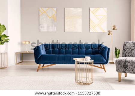 Real photo of a modern living room interior with a sofa, paintings, coffee table and lamp