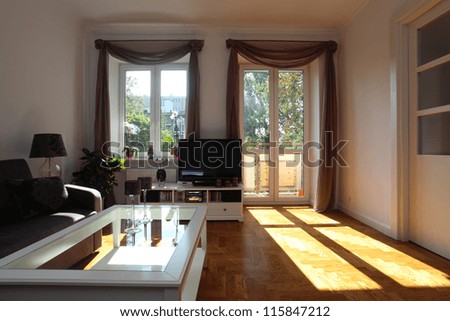 Living room with window and balcony, nobody