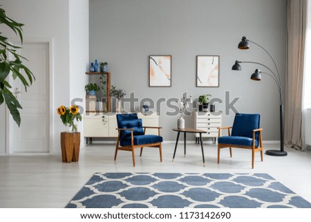 Patterned blue carpet and wooden armchairs in spacious flat interior with posters and flowers. Real photo