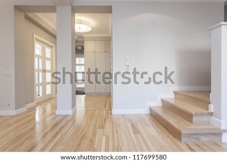 Interior of stylish house: corridor, entry, staircase
