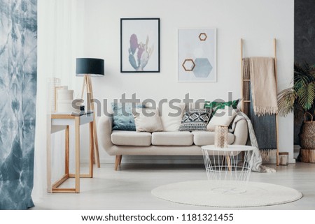 Posters above sofa with pillows in bright living room interior with drapes and round rug. Real photo