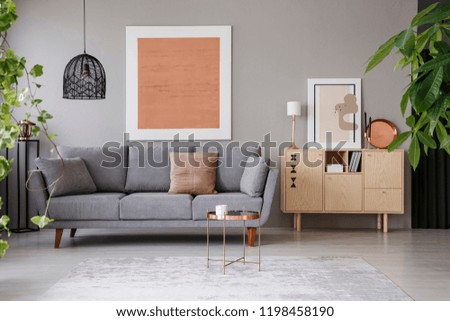 Real photo of a cozy living room interior with a grey sofa, painting, retro cupboard and plants