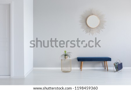 Gold mirror on the wall above blue bench in minimal empty entrance hall interior with plant. Real photo