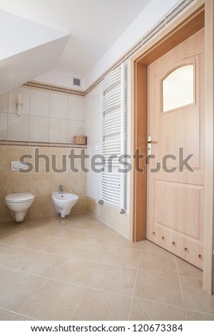 Interior of bright bathroom, wc and bidet